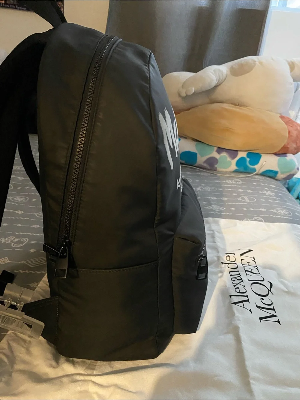 Alexander McQueen Black Backpack with White Logo Print